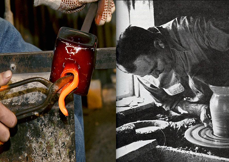Side by side image of a glassworker and a pottery worker