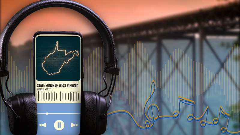 Music player overlay on New River Gorge Bridge at sunset